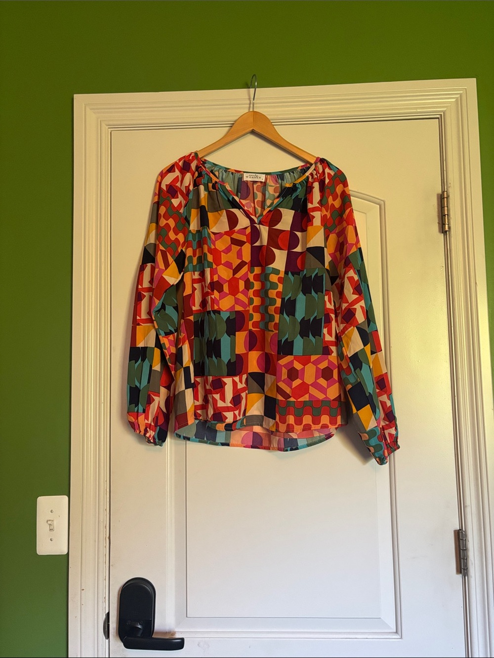 Emily Wonder Small Colorful Geometric Print Long-Sleeve Blouse